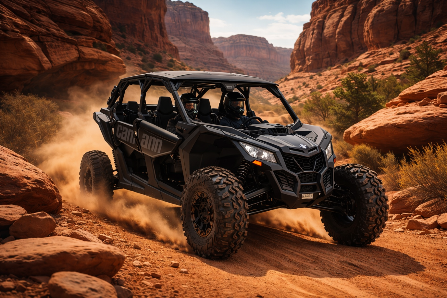 Black off-road vehicle driving through a rocky desert canyon trail.